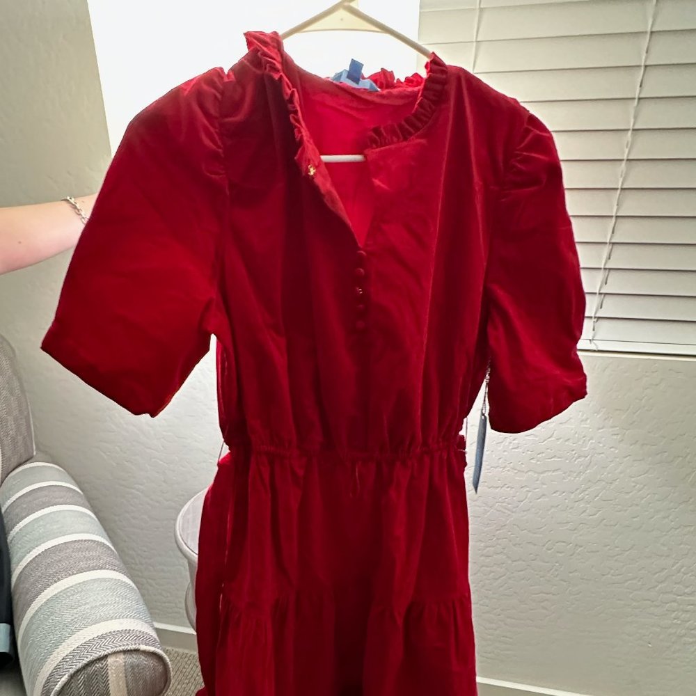 Draper James Short Sleeve Tiered Belted Dress Red Cord Size M NEW WITH TAGS